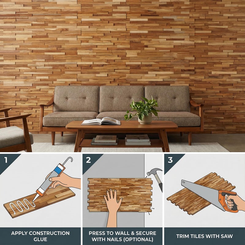Bare Decor EZ-Wall 3D Mosaic Tile in Solid Teak Wood, Set of 10 Natural Finish Tiles - Image 2